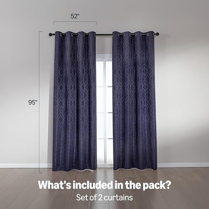 Amazon Basics Jacquard 2-Piece 100% Blackout Curtains, Living Room and Bedroom Drapes, Thermal Insulated Window Treatment, 52"x95", Dark Blue