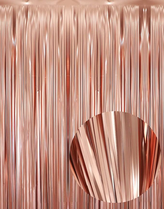 GOER 3.2 ft x 8.2 ft Metallic Tinsel Foil Fringe Curtains for Party Photo Backdrop Wedding Decor (4 Pcs,Matte Rose Gold), One Size