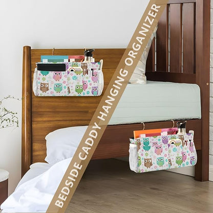 Bedside Caddy Hanging Bunk Bed Caddy Bed Organizer Hanging Pocket with 2 Hooks Bedside Storage Organizer Pocket Bag Holder Colorful Owls and Flowers