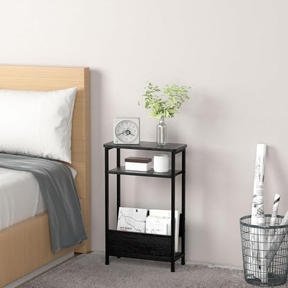 THUMEYE 7.1" Narrow Side Table for Small Spaces, 3 Tier Small End Table with Magazine Holder, Slim/Skinny Nightstand/Bedside Table for Living Room, Bedroom, 15.4" L x 24.2" H, Black