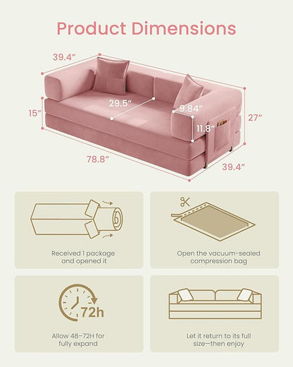78.8" Convertible Futon Sofa Bed,Corduroy Futon Couch with Storage Pocket,Folding Pull Out Sofa,No Assembly Boneless Couch for Living Room | Pink