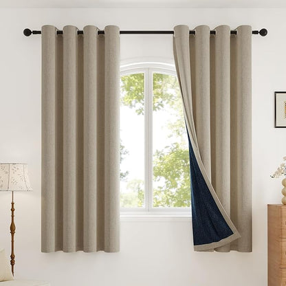 Blackout Curtains Thick Soft Curtain 2 Panels Set for Small Bedrooms/Children's Rooms, Linen-Look Textured Full Light Blocking Room Darkening Thermal Insulated Drapes (W52xL54, Natural)