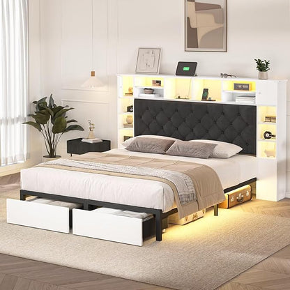 Queen Bed Frame with Bookcase Headboard and Storage Drawers, 51.2" Metal Platform Queen Size Bed Frame with Charging Station and LED Lights, Velvet Upholstered Tufted Bed Frames, White