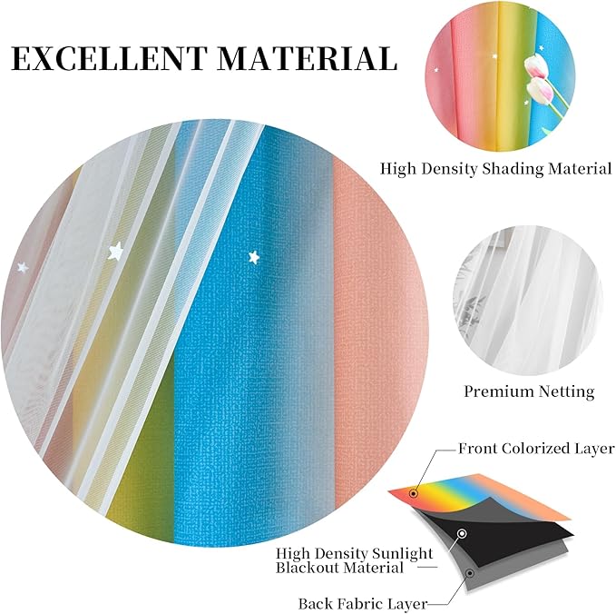 Star Blackout Curtains for Bedroom - Rainbow, 84 Inches Long, 2 Panels - Red, Yellow & Blue