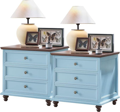 24" Wide Farmhouse Night Stand Set of 2,Large End Table with 3 Drawers & Metal Handle,Light Blue Wood Dresser for Bedroom Cabinet, Bed Side Table Chest of Drawers,Nightstand for Living Room