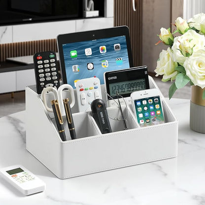 MEIBOOCH PU Leather Desk Organizer, Luxury Remote Control Holder for Home, Office Desk Accessories Table Caddy Bedside Nightstand Organizer (White)