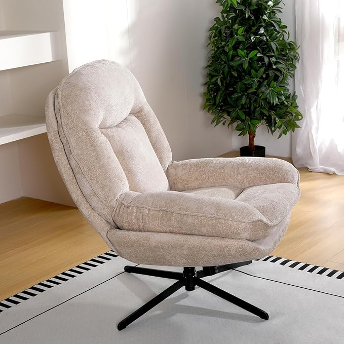 1 Pack 360°Free Swivel Accent Chair for Living Room, Slightly 20°Rocking, 24" High Backrest Upholstered Armchair, Ergonomic Design, Chenille Breathable Soft Fabric Modern Single Sofa, Beige