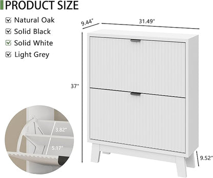 Shoe Cabinet with 2 Flip Drawers, 37" Tall Narrow Fluted Shoe Storage Organizer for Entryway, Hidden Slim Wooden Shoe Rack Cabinet for Front Door Entrance, Hallway, Living Room, Solid White