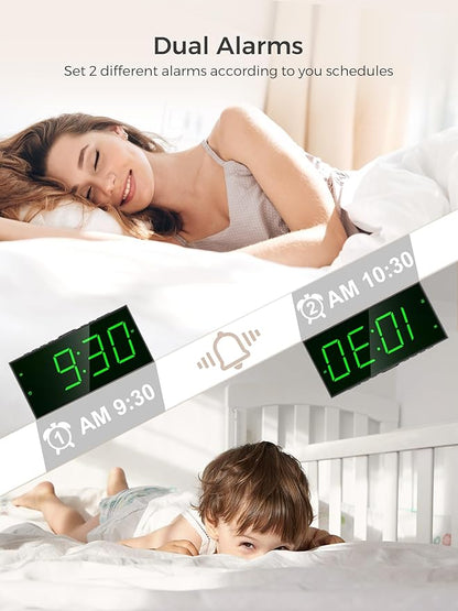 PPLEE Digital Alarm Clock for Bedroom, 2 Alarms Large Big Numbers Display with Dimmer for Living Room, Electric Bedside Desk Clock with Power Adapter, USB Charger, Adjustable Volume, Green LED Display
