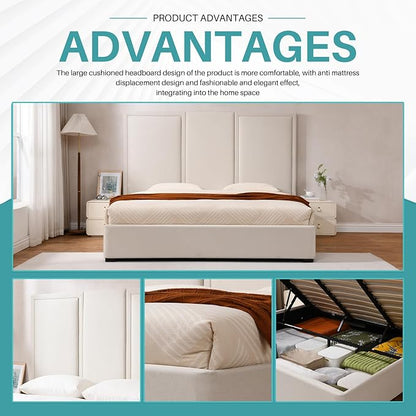 YUHUASHI King Size Bed Frame with 64-inch High Headboard, Simple and Airy Linen Upholstered Platform Bed with Storage Drawers, Wood Slat, No Noise (Beige, King(Hydraulic Lift))