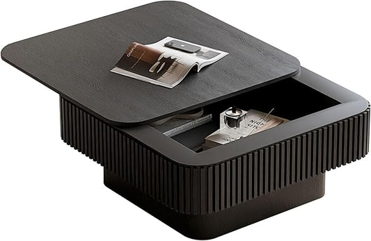 LKTART Coffee Table for Living Room, Accent Fluted Square Coffee Table with Hidden Storage, Modern Solid Wood Veneered Circle Center Tea Table for Small Space Apartment (31.5''D×14''H-Black)