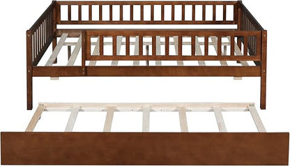 Bellemave Full Size Bed Frames with Rails for Kids, Full daybed Frame with Trundle for Boys/Girls/Adults，Walnut