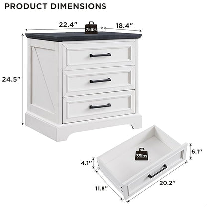 ACCOHOHO Farmhouse Nightstand with Charging Station, 22 Inch Wide End Table with 3 Large Drawers & Bar Handles, Rustic Wood Small Dresser Chest of Drawers for Bedroom, Living Room, Closet, Off White