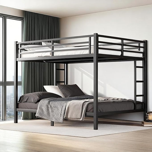 Queen Over Queen Bunk Bed Frame, Heavy Duty Metal Loft Bed for Adults/Teens, 400/600LB Capacity w/Ladder & Guardrail, Noise-Free Steel Slats, No Box Spring Required, Black