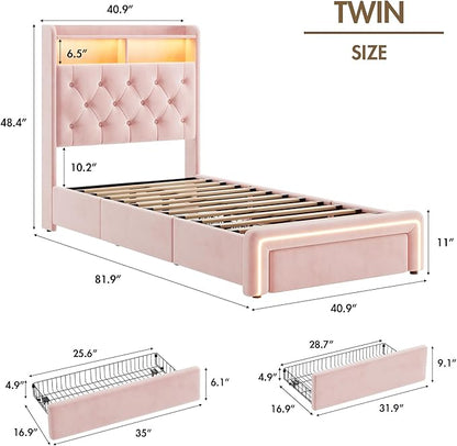 Twin LED Bed Frame with Storage Headboard & Charging Station, Velvet Fabric Platform Bed Frames with 3 Drawers, Button Tufted Upholstered, No Box Spring Needed, Pink