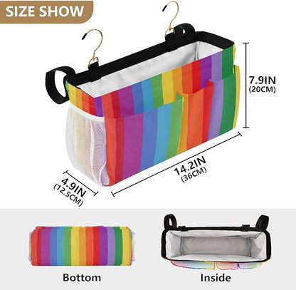Bedside Caddy Hanging Bunk Bed Caddy Bed Organizer Hanging Pocket with 2 Hooks Bedside Storage Organizer Pocket Bag Holder Vibrant Colorful Stripes