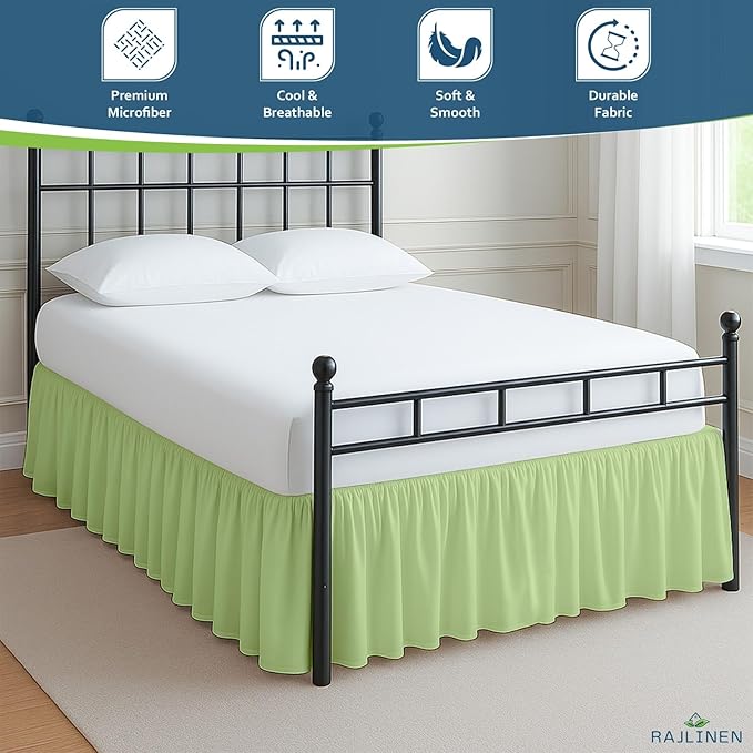 Rajlinen Ruffled Bed Skirt Full XL, 8 Inch Drop Dust Ruffle with Split Corners, 100% Microfiber Bedskirt with Platform, Three-Sided Coverage Ruffled Gathering Design, Sage