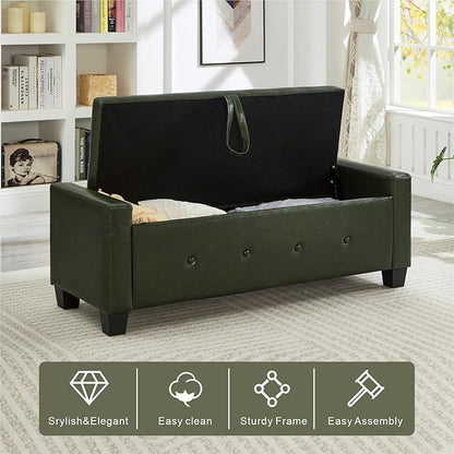 48" Storage Ottoman Bench, Upholstered Button-Tufted End of Bed Bench with Soft-Close Hinge & Solid Wood Legs, Foot Rest for Living Room, Bedroom, Hallway (Faux Leather, Dark Green)