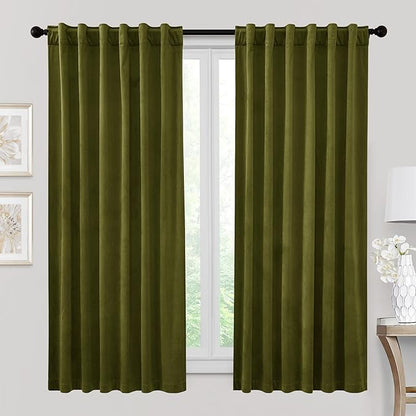 RYB HOME Moss Green Green Velvet Curtains 72 inches Length - Blackout Thermal Insulated Drapes Window Treatment Luxury Solid Decor for Kitchen Study Room, W52 x L72 inches, 2 Panels