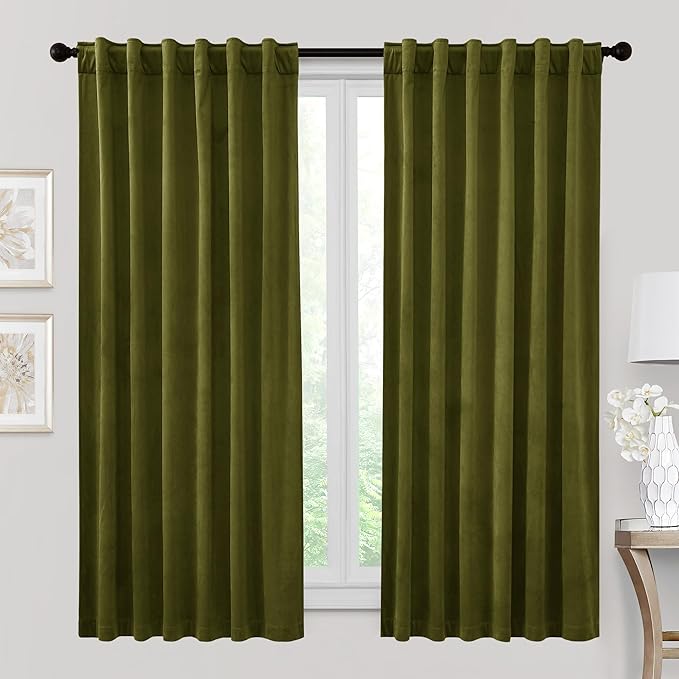 RYB HOME Velvet Curtains 63 inches Length, Back Tab & Rod Pocket Soft Fabric Curtains & Drapes for Bedroom Bathroom Cafe, Moss Green, W 42 x L 63, 2 Panels Set