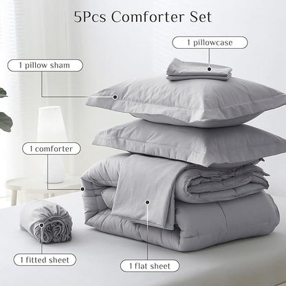 JOLLYVOGUE Twin XL Comforter Set, Ultra-Soft Bed in a Bag Twin XL Size 5 Pieces, Oeko-TEX Certified Bedding Set with Down Alternative Comforter, Sheets, Pillowcases & Shams, Light Grey