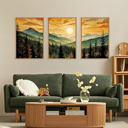 LHIUEM Large Boho Sunset Mountain Framed Canvas Wall Art,Retro Pine Tree Wall Decor,Nature Foggy Forest Wall Painting,Bohemian Landscape Artwork for Living Room,Bedroom,Dining Room,Office -24"x36"x3