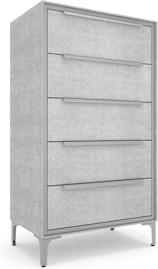tinge Naima Premium Fabric Dresser - Strong Metal Frame, 5 Spacious Sag-Proof Drawers with Sleek Metal Handles - Premium & Durable Storage Solution for Your Home (Silver)