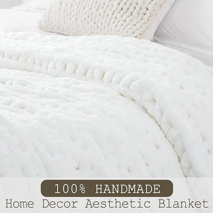 Chunky Knit Throw Blanket 50"X 60", 100% Handmade with Soft Chenille Yarn, 4.4lbs Thick Cable Knitted Blankets, Large Rope Knot Crochet Throws for Couch Sofa Bed Home Decor, Snow White