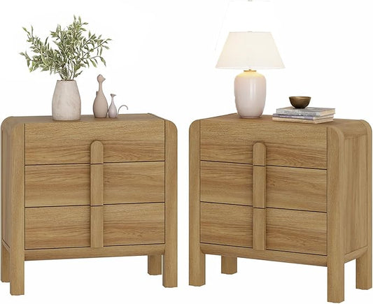 WAMPAT Modern 3-Drawer Nightstand Set of 2, 31.5" Tall Nightstand End Table w/Curved Profile Design,Wooden Dresser with Large Chest of Drawers,Bed Side Table for Bedroom,Living Room, Light Walnut