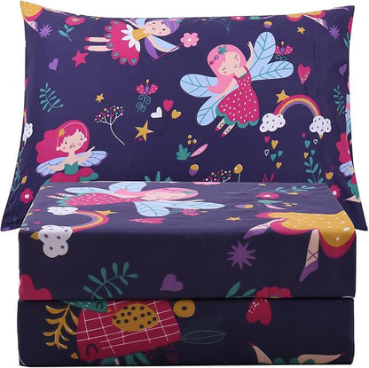 JSD Purple Fairy Kids Sheet Set Twin Size, 3 Piece Girls Floral Printed Microfiber Sheets Deep Pocket