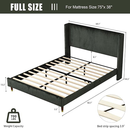 PINJU Full Size Bed Frame, Upholstered Platform Bed with Modern Vertical Striped Wingback Headboard with Wooden Slats, Easy to Assemble No Noise Free (Green, Full)
