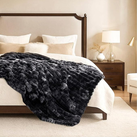Cozy Bliss Faux Fur Throw Blanket for Couch, Cozy Warm Plush Striped Blanket for Sofa Bedroom Living Room, 60 * 80 Inches Tie-dye Black
