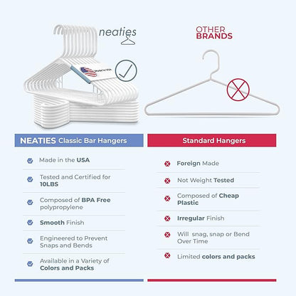 Neaties Plastic Hangers 30 Pack – Made in The USA – 6lb Capacity Standard Clothes Hangers with Strap Hooks for Dresses, Lingerie, Shirts, Pants, and Jackets – White & Black