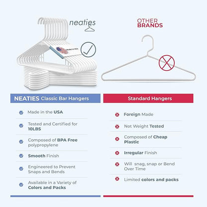 Neaties Plastic Hangers 45 Pack – Made in The USA – 6lb Capacity Standard Clothes Hangers with Strap Hooks for Dresses, Lingerie, Shirts, Pants, and Jackets – White