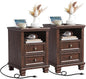 SAVOR LIFE Farmhouse Nightstand Set of 2 with Charging Station, Rustic Brown Nightstand, 2 Drawers End Table, Bedside Table with Open Shelf for Bedroom, Walnut