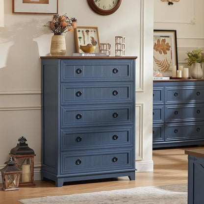Farmhouse 5 Drawer Dresser for Bedroom Set of 2, 42" Tall Small Dressers & Chest of Drawers, Rustic Wood Dresser with Metal Handle, Storage Organizer Closet for Living Room, Hallway,Entryway