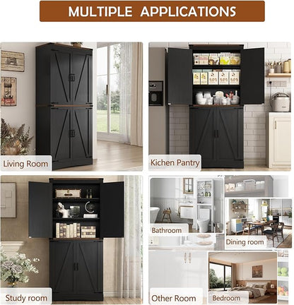 71" Tall Kitchen Pantry,Farmhouse Storage Cabinet with Adjustable Shelves,Load-Bearing Steel Pipe,Farmhouse Pantry Cabinet with 4 Barn Doors,for Kitchen,Dining Room,Living Room(Black)
