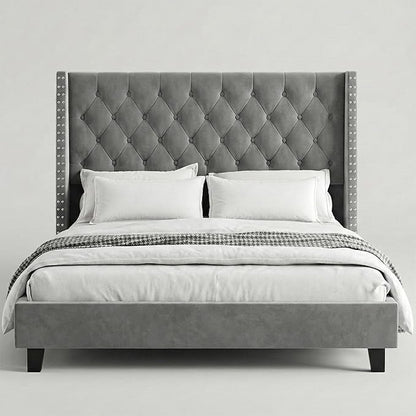 Queen Bed Frame Velvet, 47.2" Tall Wingback Headboard with Tufted Nailhead Trim, Upholstered Platform Bed with Sturdy Wood Slats, Robot Vacuum Friendly, No Box Spring Needed, Grey