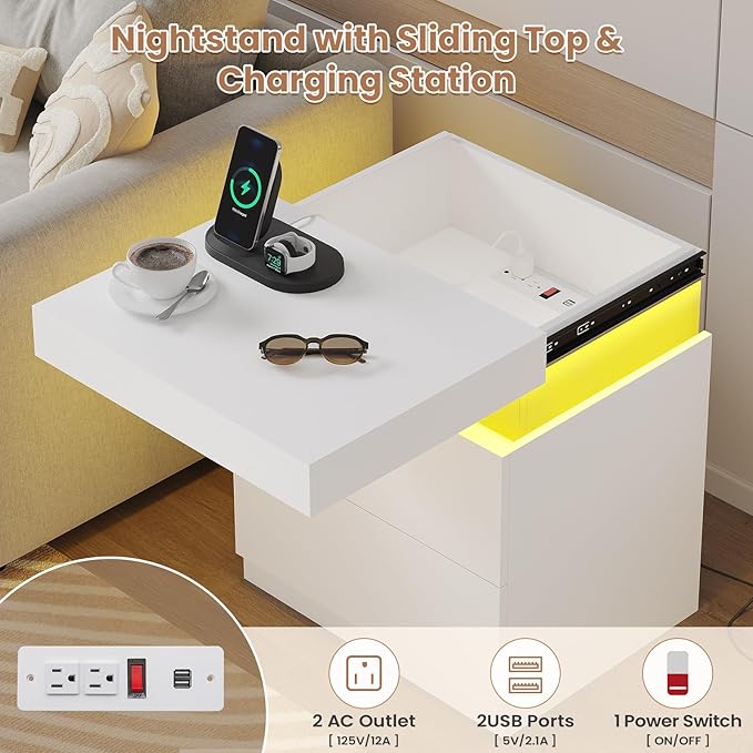 ADORNEVE White Nightstand with Charging Station and LED Lights,Night Stand with Sliding Top,Bedside Table with 2 Drawers,Modern End Side Table for Bedroom