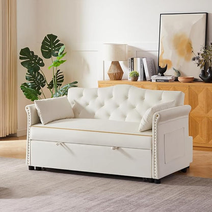 57'' Convertible Sleeper Sofa Bed with Adjustable Backrest, Chaise Lounge,2 Pillows & Side Storage Pockets – Stylish & Functional Furniture for Living Room or Small Spaces (White Sofa Bed)