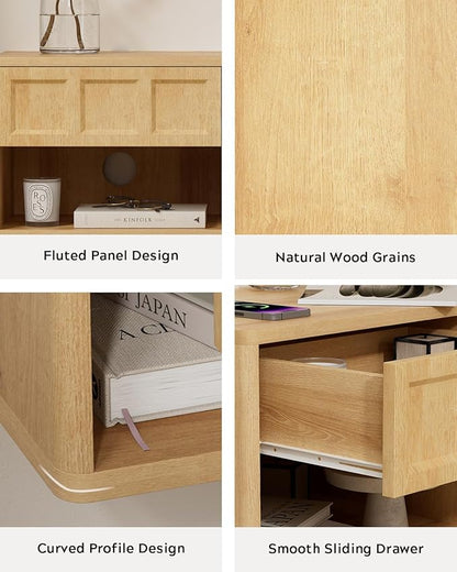 Floating Nightstand Set of 2, Wall Mounted Bedside Table with Storage Drawer and Open Shelf, Night Stand with Curved Corners for Living Room, Bedroom, Dorm, Natural Oak