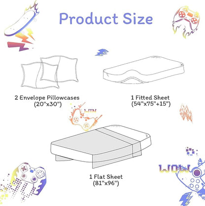 JSD Black Gaming Sheet Set Full Size, 4 Piece Soft Kids Boys Printed Microfiber Bed Sheets Deep Pocket