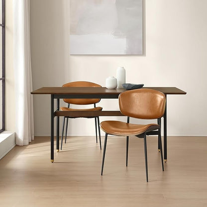Art Leon Faux Leather Dining Chairs, Set of 2, Mid Century Modern Desk Chair No Wheels, Armless Accent Chair with Black Metal Legs, Brown/Gray Oak