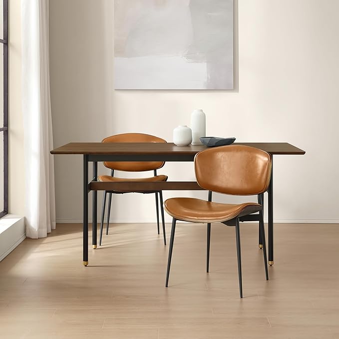 Art Leon Dining Chairs Set of 4, Gray Oak Bentwood, Mid Century Modern Dining Room Chairs, Faux Leather Upholstered Desk Chair with Black Metal Legs, Brown