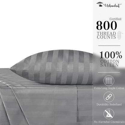 URBANHUT 800 Thread Count 100% Cotton Damask Twin Size Sheets, 4 Piece Striped Twin Size Bedsheets, Luxury Hotel Sheets Sateen Weave - Better Than Egyptian, 14" Elasticized Deep Pocket- Dark Grey