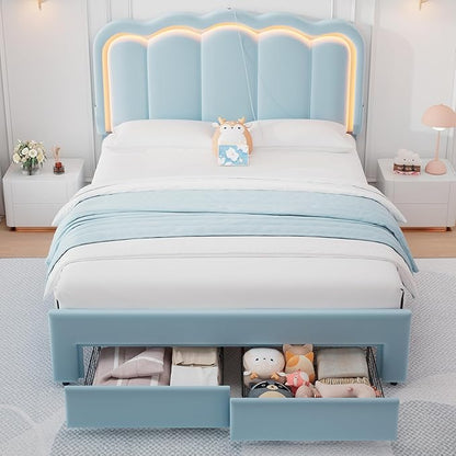 Velvet Upholstered Full LED Bed Frame with 2 Storage Drawers and Adjustable Chic Double Wavy Headboard, Princess Platform Bed with Charing Station, Solid Wood Slats Support,No Box Spring Needed,Blue