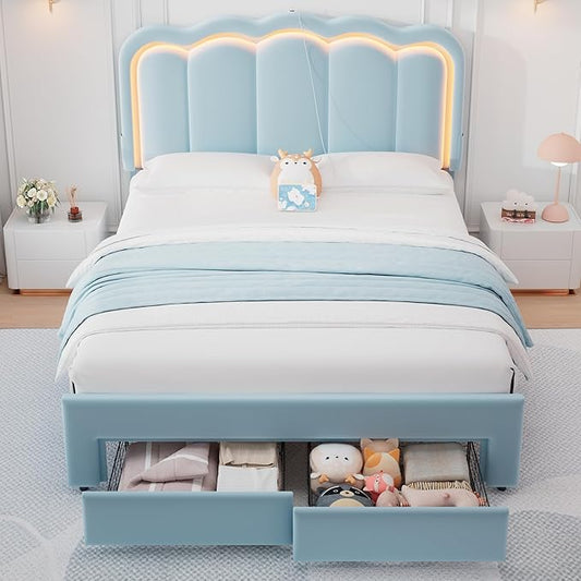 Velvet Upholstered Full LED Bed Frame with 2 Storage Drawers and Adjustable Chic Double Wavy Headboard, Princess Platform Bed with Charing Station, Solid Wood Slats Support,No Box Spring Needed,Blue