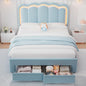 Velvet Upholstered Queen LED Bed Frame with 2 Storage Drawers and Adjustable Chic Double Wavy Headboard, Princess Platform Bed with Charing Station, Solid Wood Slats Support,No Box Spring Needed,Blue