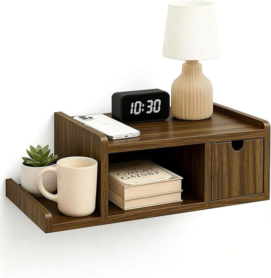 Floating Nightstand Wall Mounted, Walnut Bedside Table with Drawer, Open Cubby & Reversible Side Shelf, Space-Saving Floating End Table for Bedroom/Living Room (Walnut)