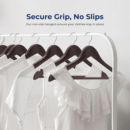 SereneLife 50-Pack Wooden Coat Hangers – Durable Suit Hangers with 360° Swivel Hook & Notches – Slim Design for Shirts, Jackets, Dresses, and More (Brown)